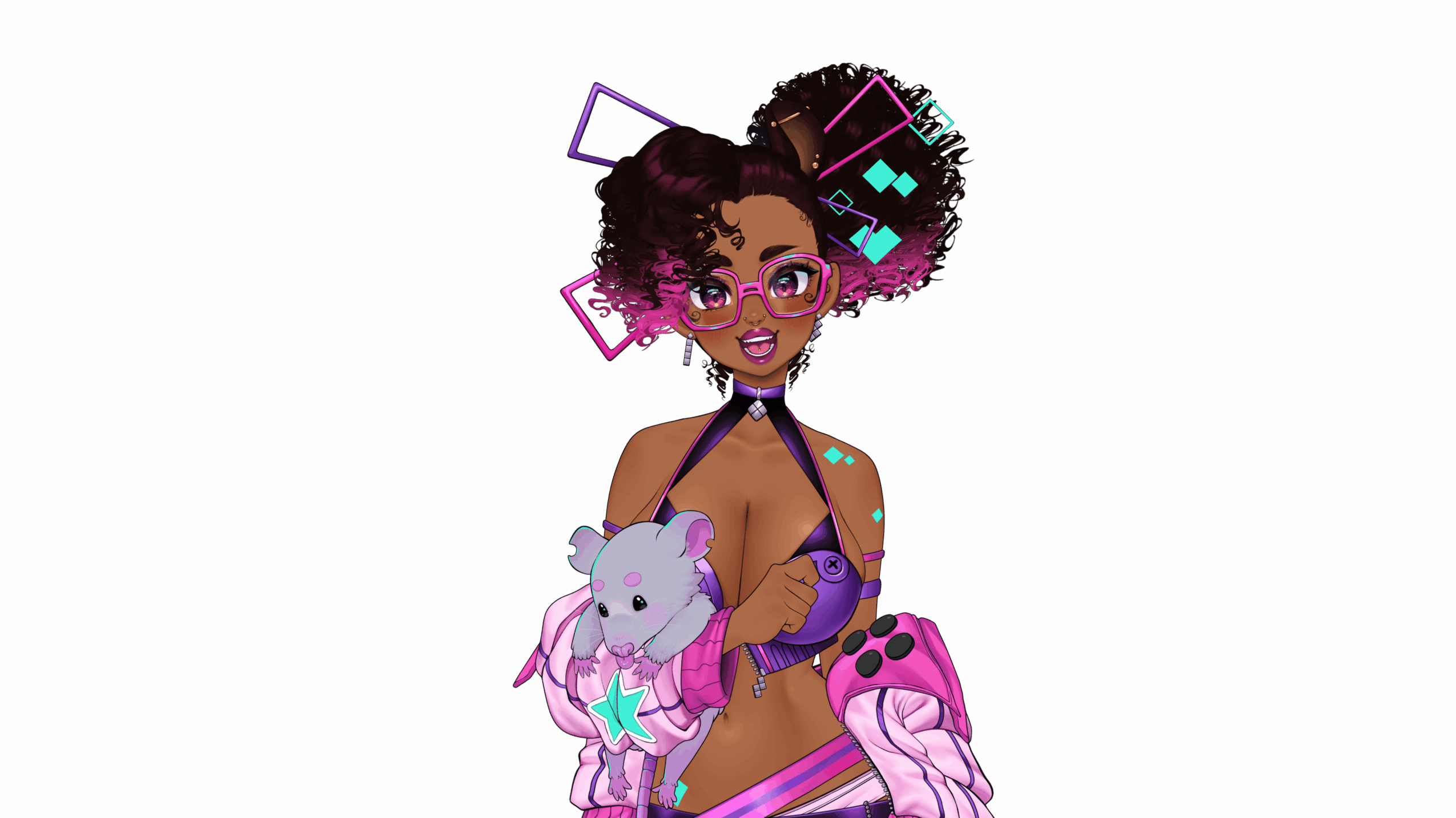 Young woman with curly hair, glasses, and colorful accessories holding a plush toy, against a black background.
