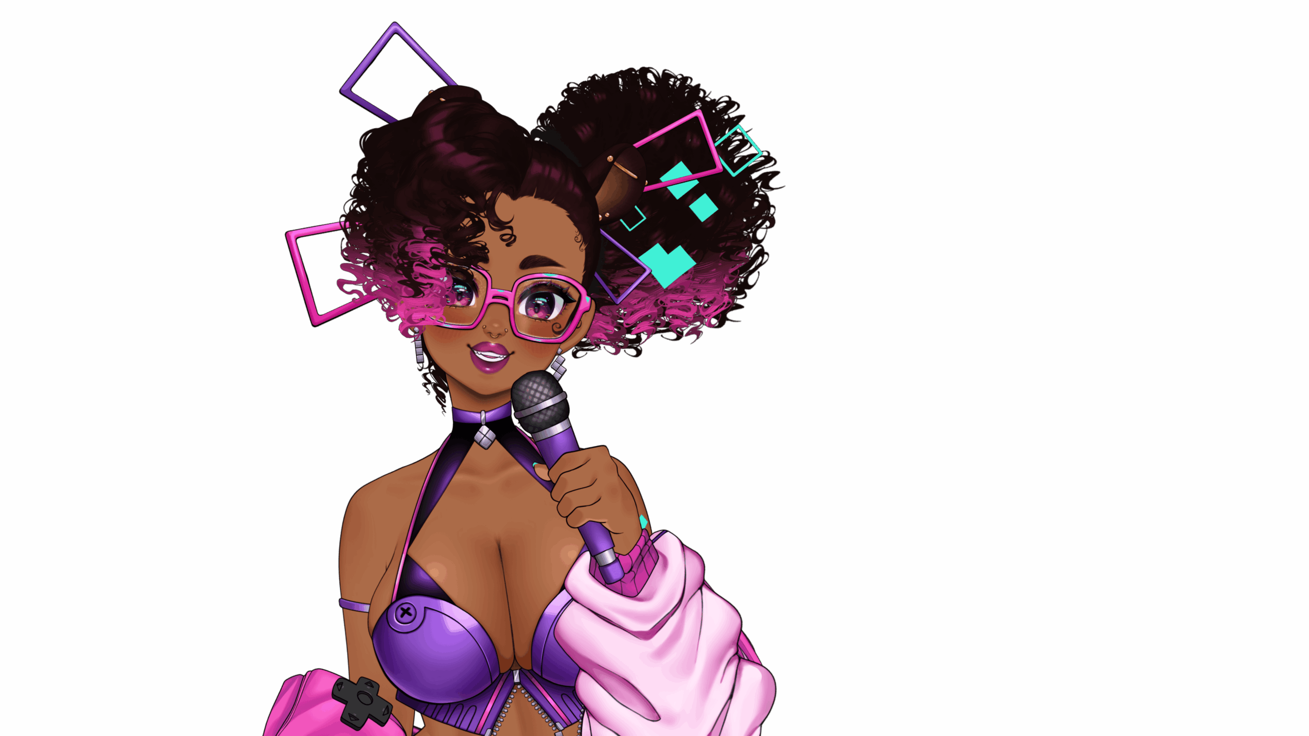 Illustration of a woman with curly hair, glasses, holding a microphone, wearing a purple top and white jacket, against a black background.