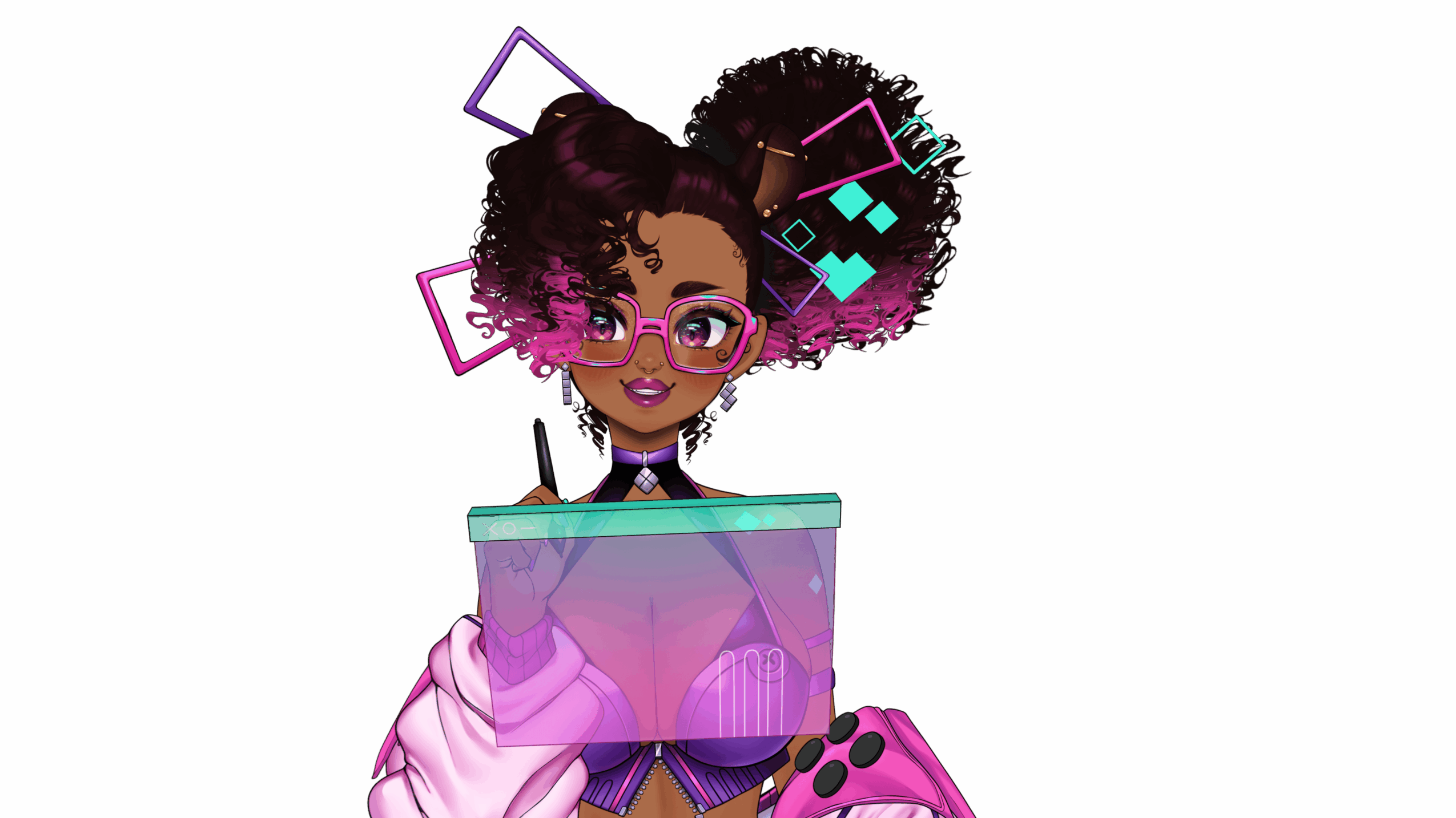 A person with curly hair, glasses, and colorful geometric shapes around their head, holding a tablet and gaming controller.