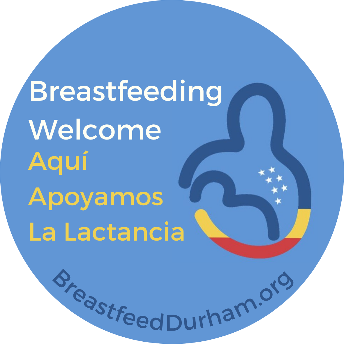 Blue circular badge with text welcoming breastfeeding support in English and Spanish, and a stylized stomach icon.