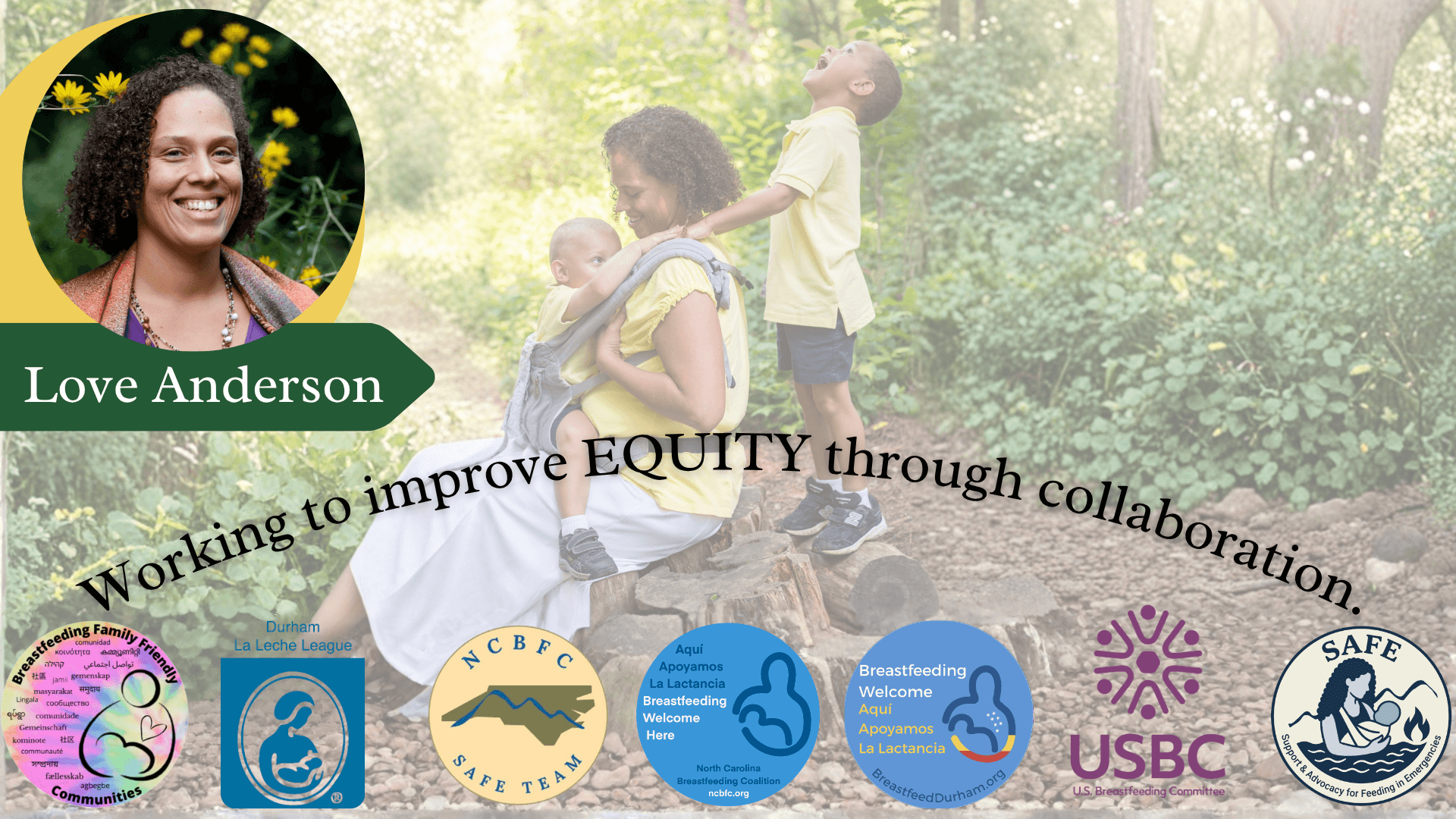 Group of people outdoors with trees, a woman with children, and various logos at the bottom.
