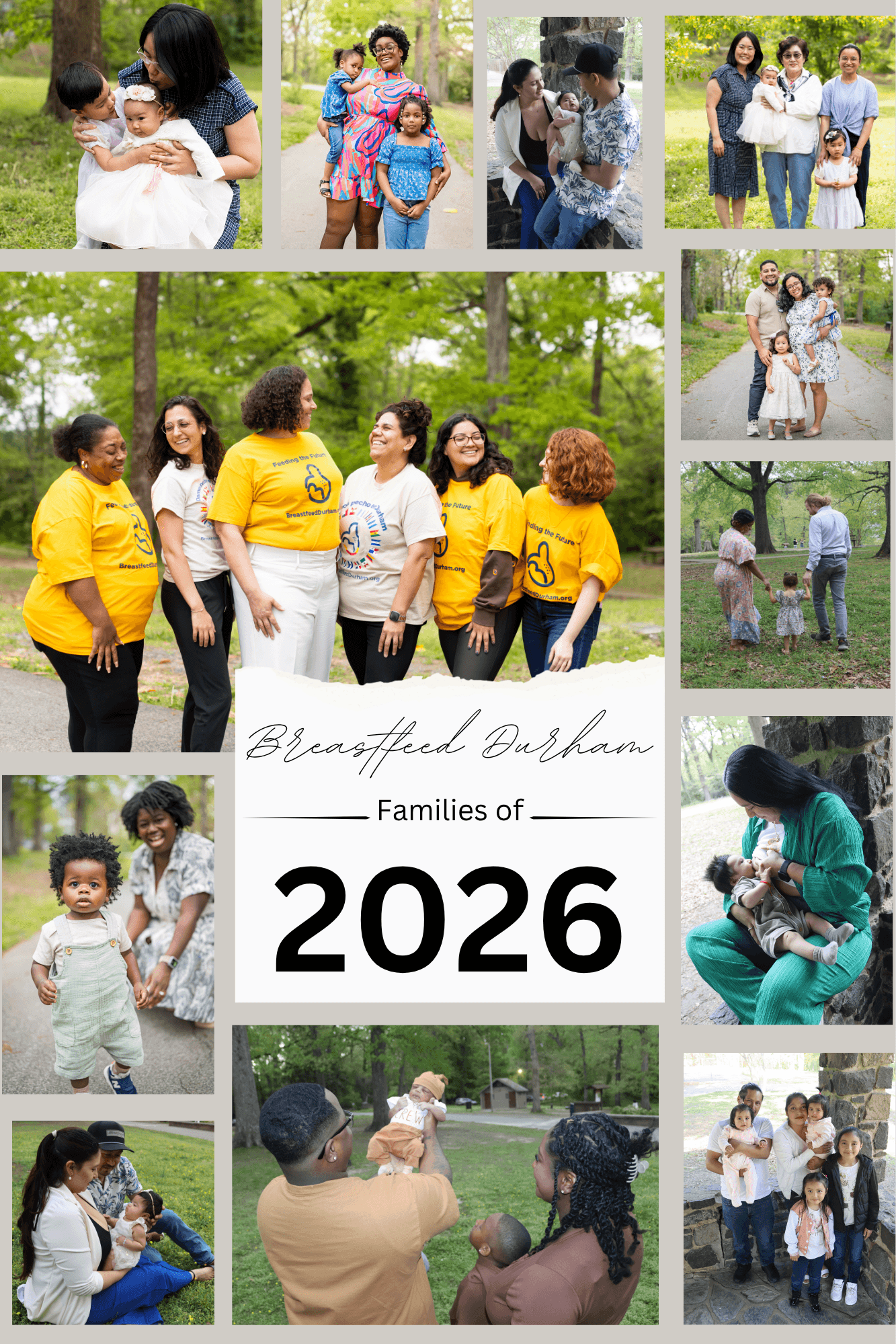 Group of people outdoors, children and adults, some wearing yellow shirts, in park setting, family gathering, smiling, playing, and talking.