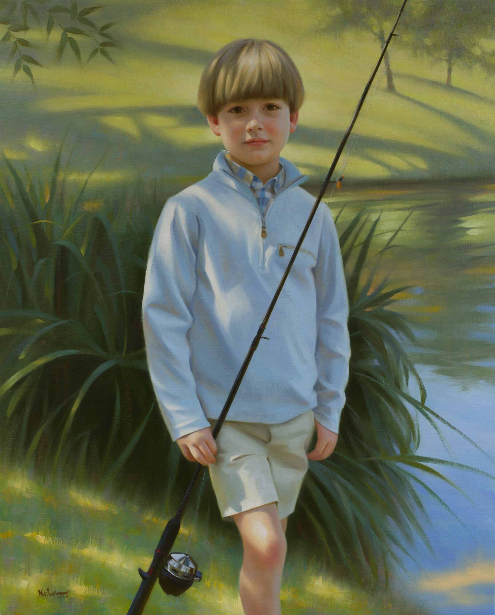 Child holding a fishing rod stands outdoors near water and tall grass, with a painted nature background.