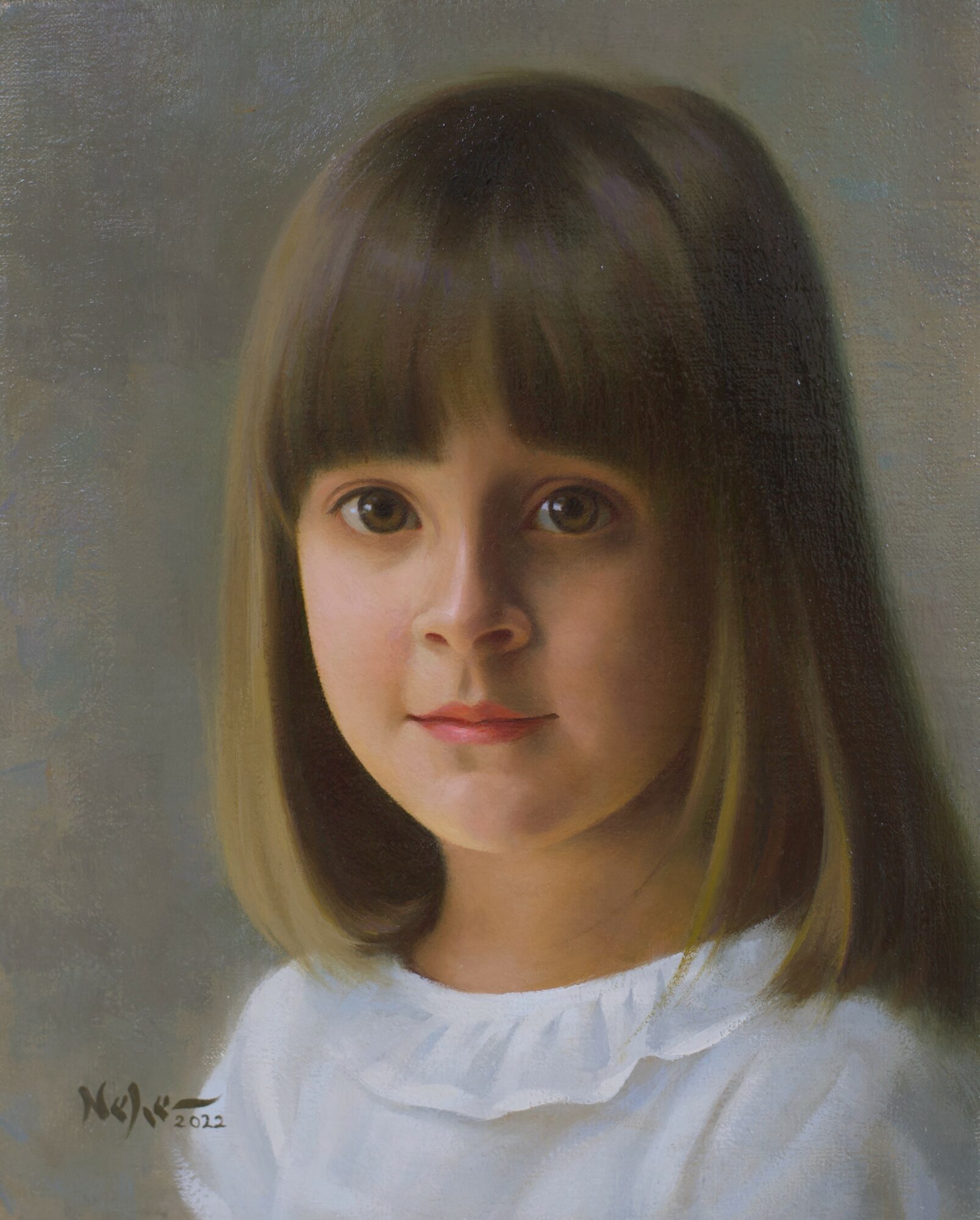 Portrait of a young girl with straight brown hair and bangs, wearing a white top, looking slightly to the side.