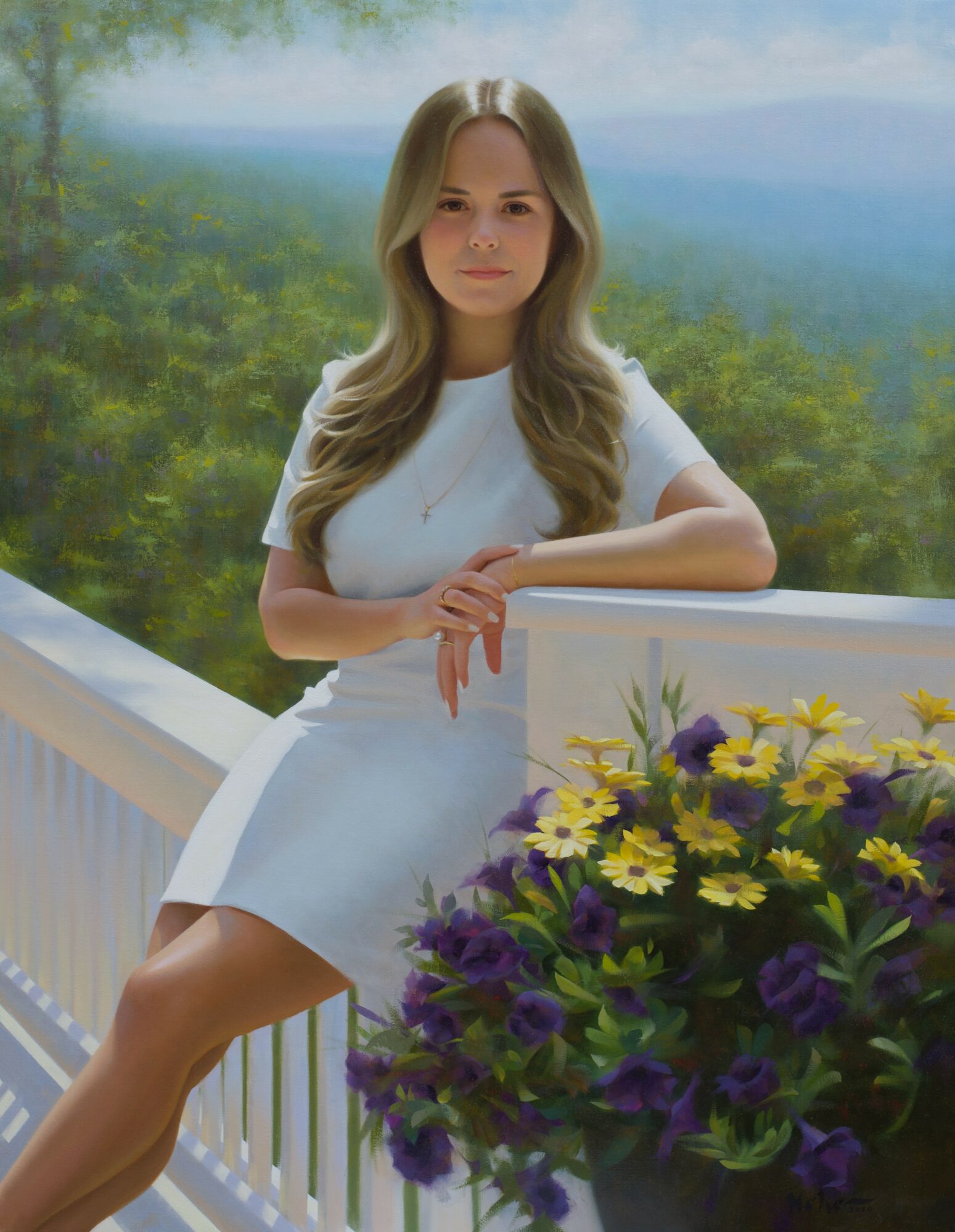 Young woman with long wavy hair sitting outdoors on a white railing, with a large bouquet of yellow and purple flowers nearby, and a scenic background of trees and sky.