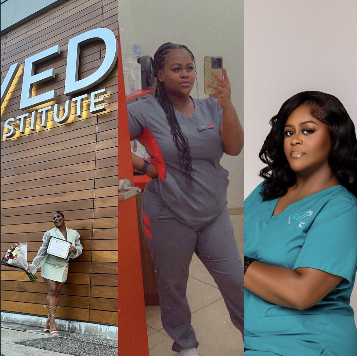 Three women in medical scrubs and a woman holding a certificate outside a building with a sign. One woman is taking a mirror selfie.
