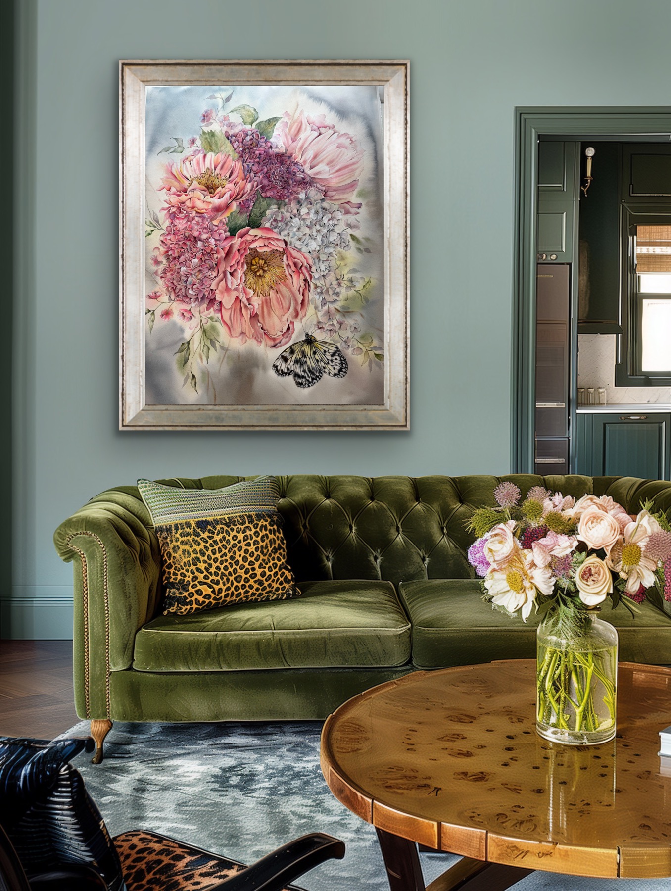 Living room with green velvet sofa, floral painting, round wooden table with a vase of flowers, and a doorway to another room.
