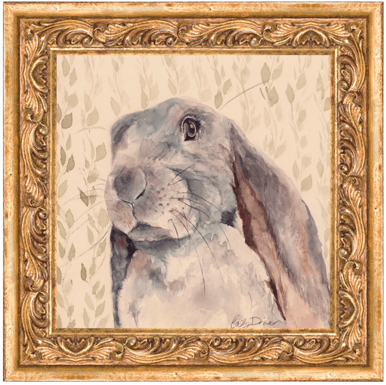 Watercolor painting of a rabbit with a decorative gold frame, background with leaf patterns, and a signature at the bottom right.