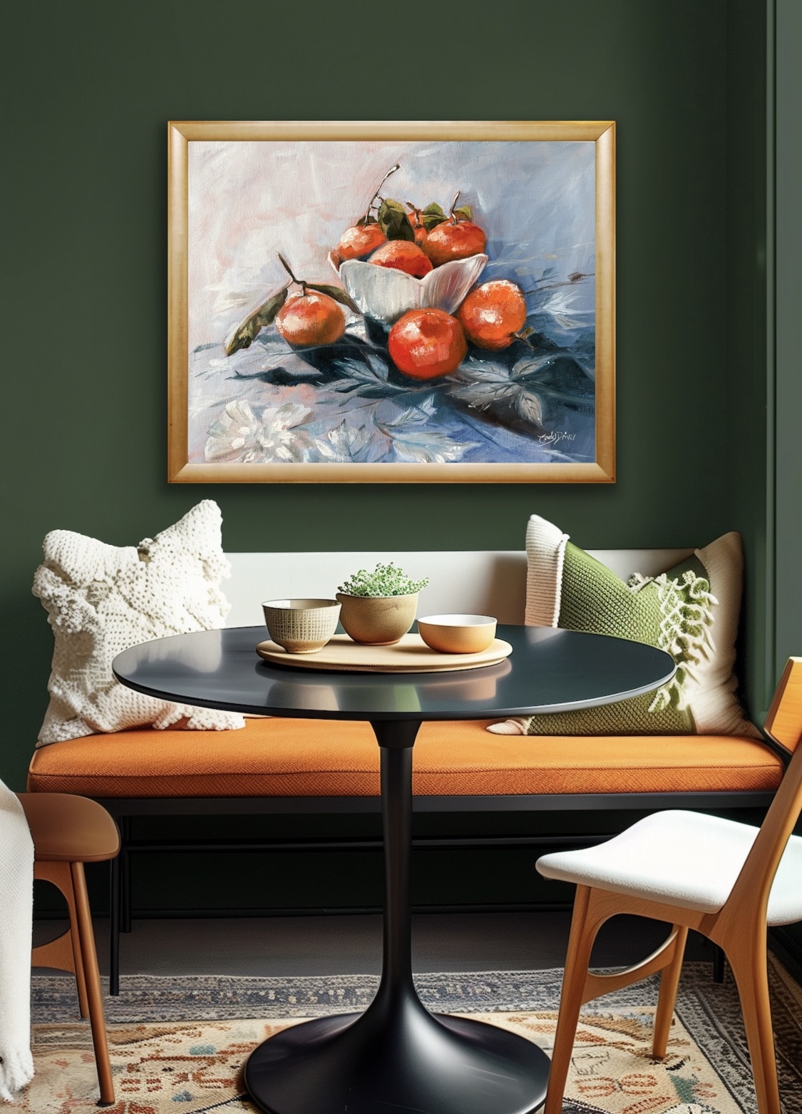 Painting of a bowl of fruit on a table, hanging on a green wall above a dining area with cushions and chairs.