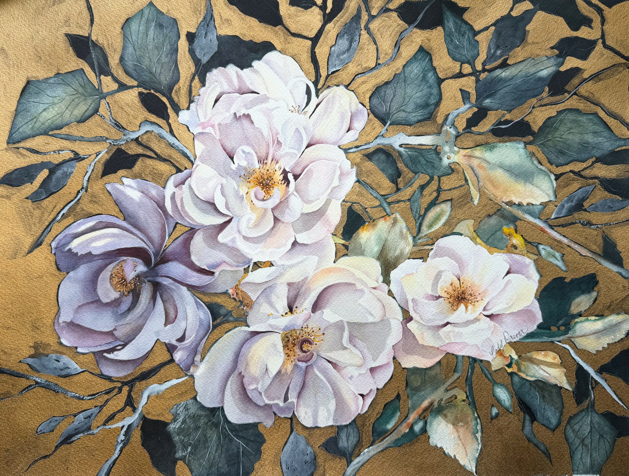 Four large white and purple flowers with green leaves on a gold background.