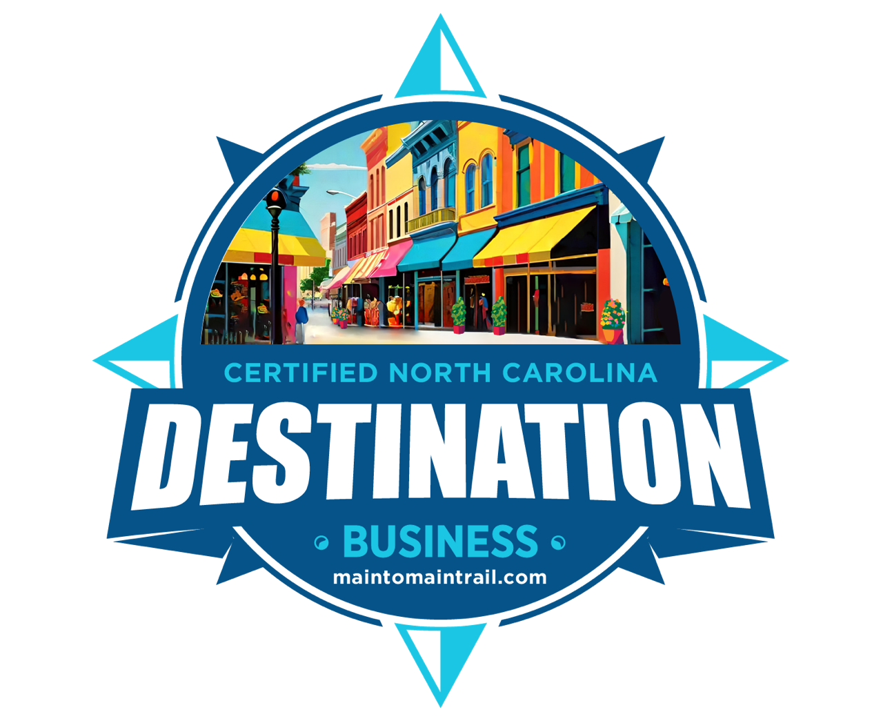 Colorful street scene with shops and awnings, surrounded by a circular badge with text about North Carolina destination and business.
