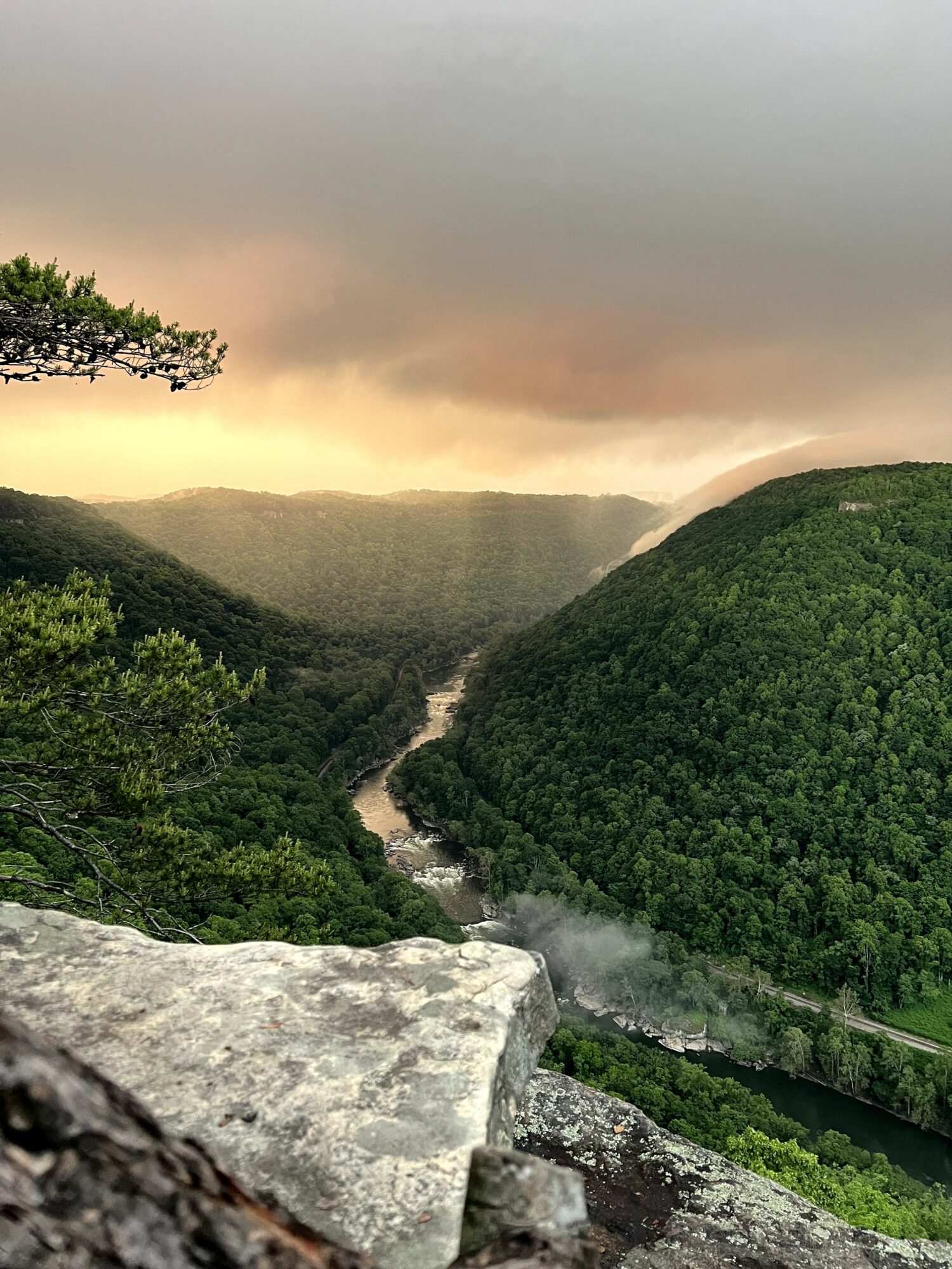 View of a river flowing through a green valley with hills on both sides, cloudy sky overhead, and a rocky foreground.