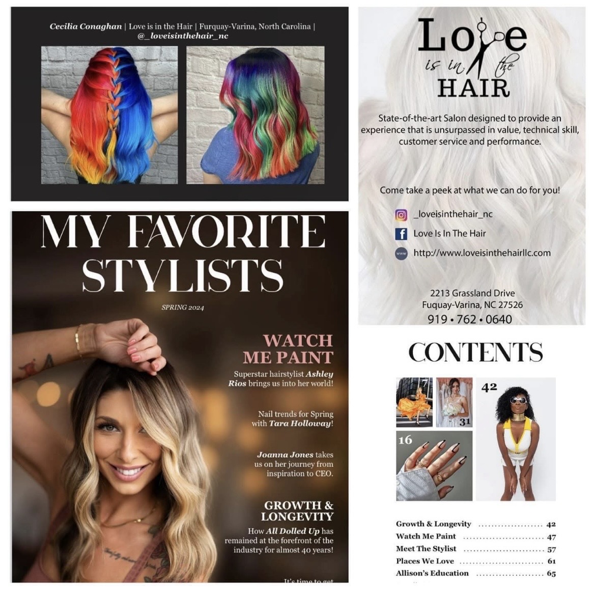 Colorful hair styles, hair care, and styling images, a woman with long blonde hair, and a contents list for a magazine.