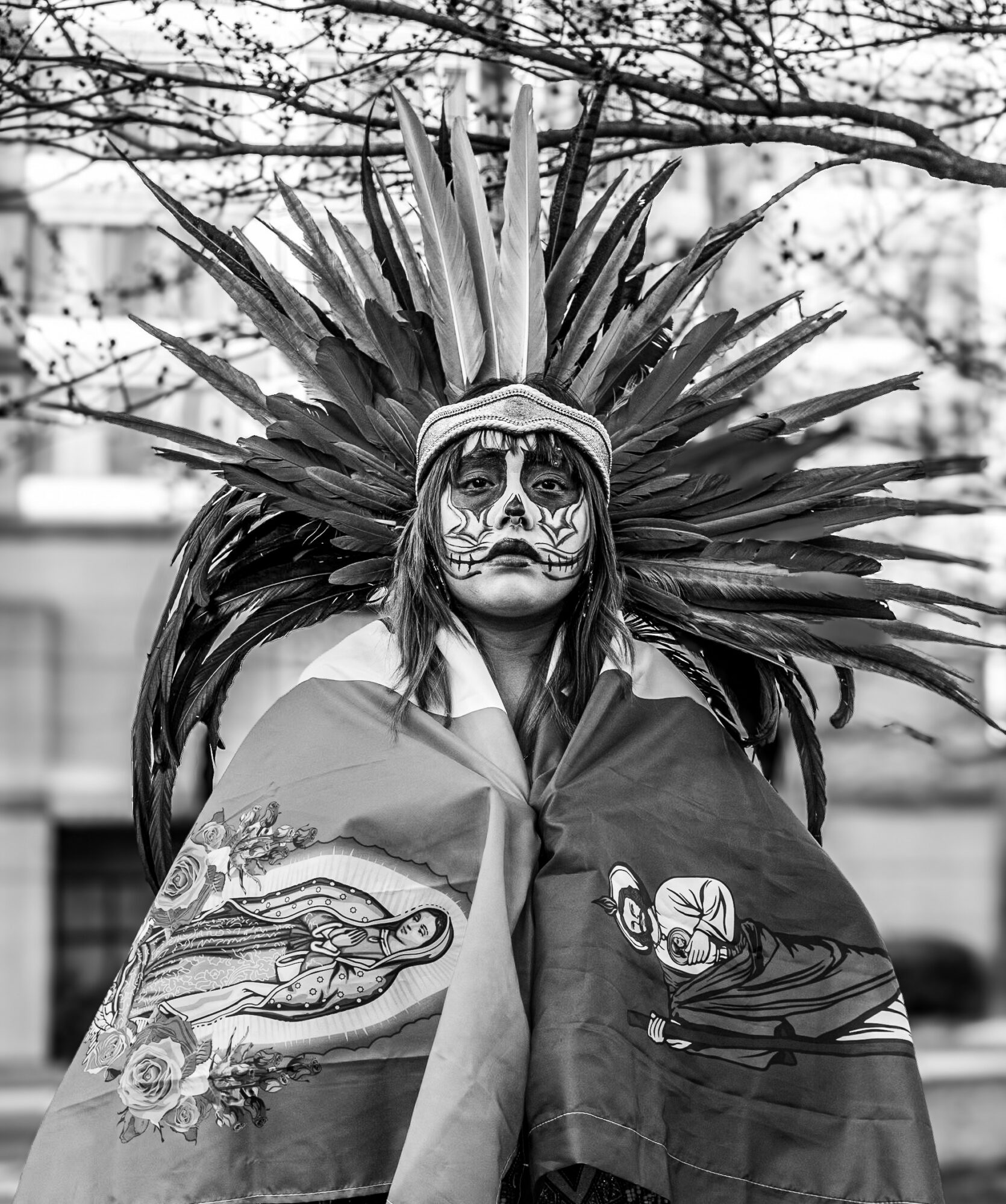 Person wearing a headdress with large feathers and face paint, holding a flag with animal illustrations, outdoors.