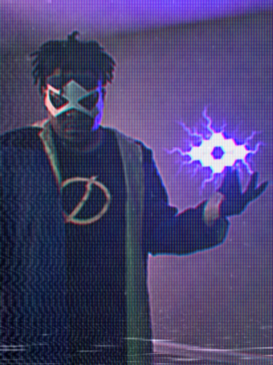 Person wearing a mask with X over eyes, holding a glowing purple object, dark background, neon lighting.