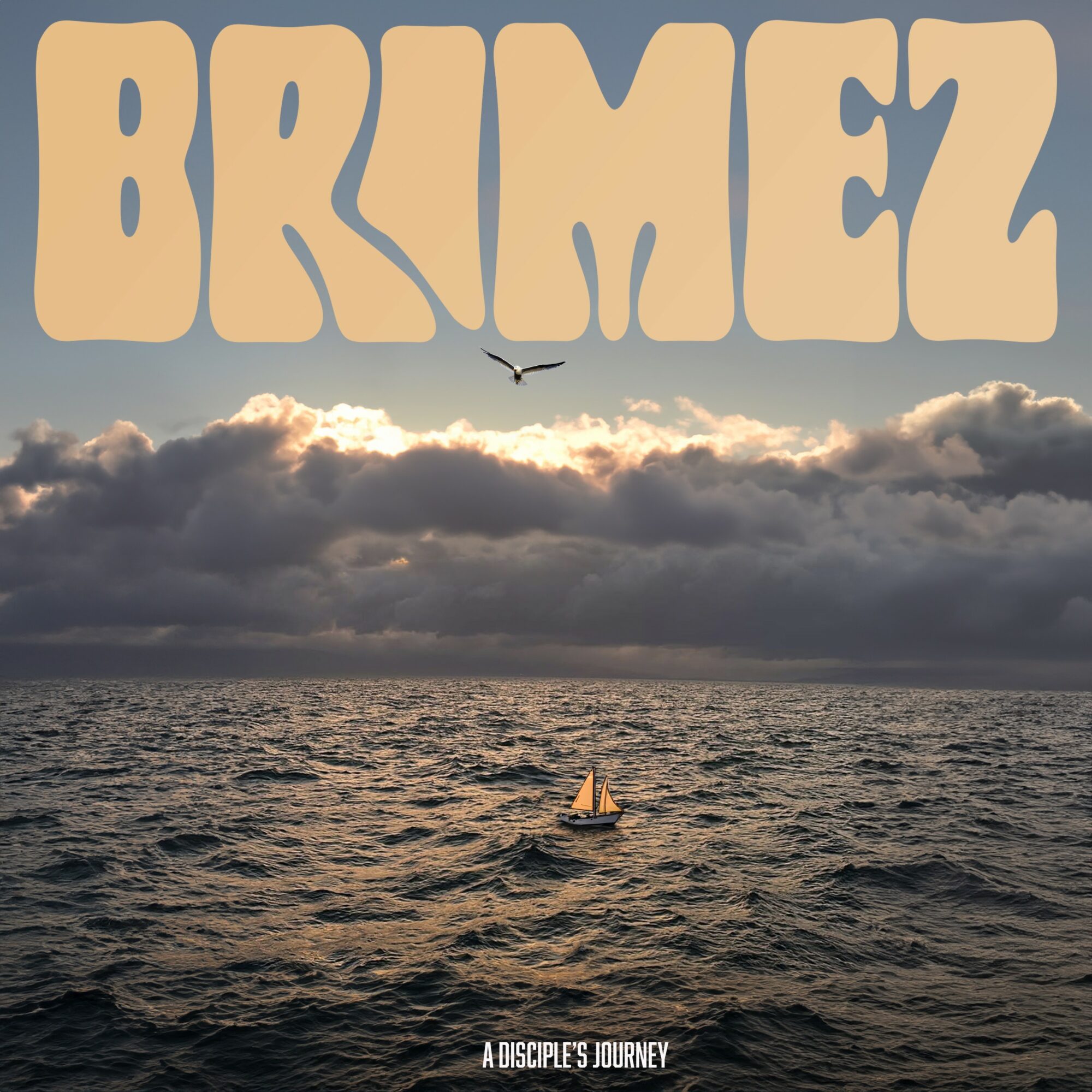 A boat on the ocean with clouds and a bird in the sky, and the word BRIMEZ at the top.