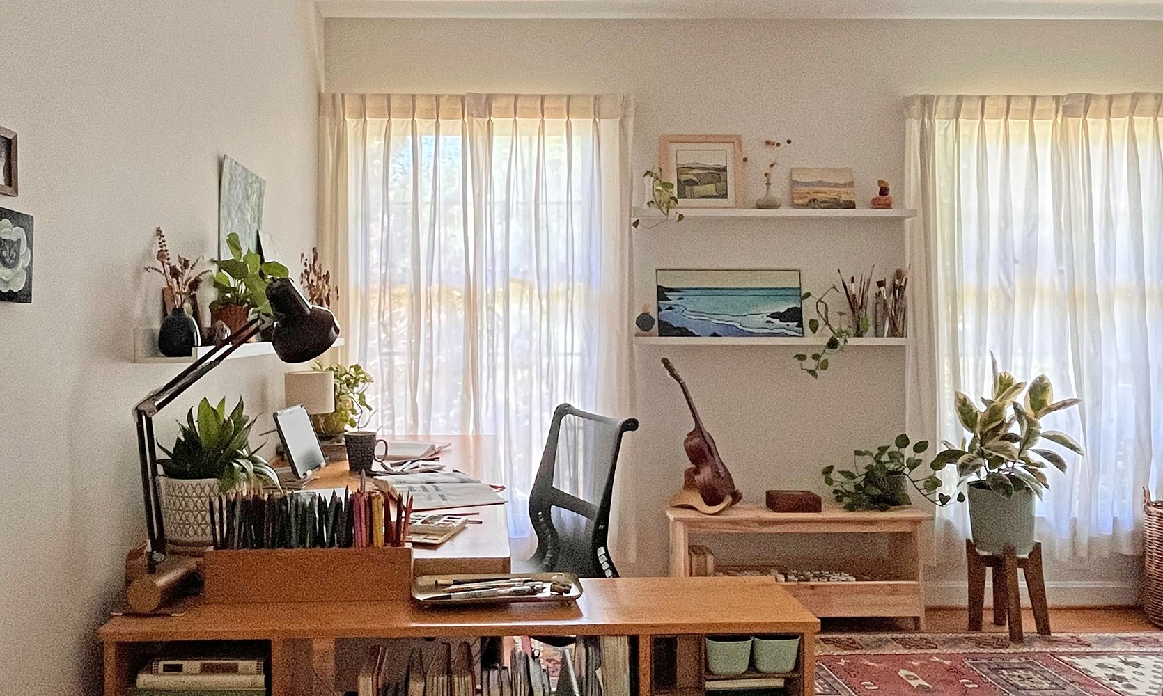 Home office with desk, chair, shelves, and potted plants, illuminated by natural light from two windows with curtains.