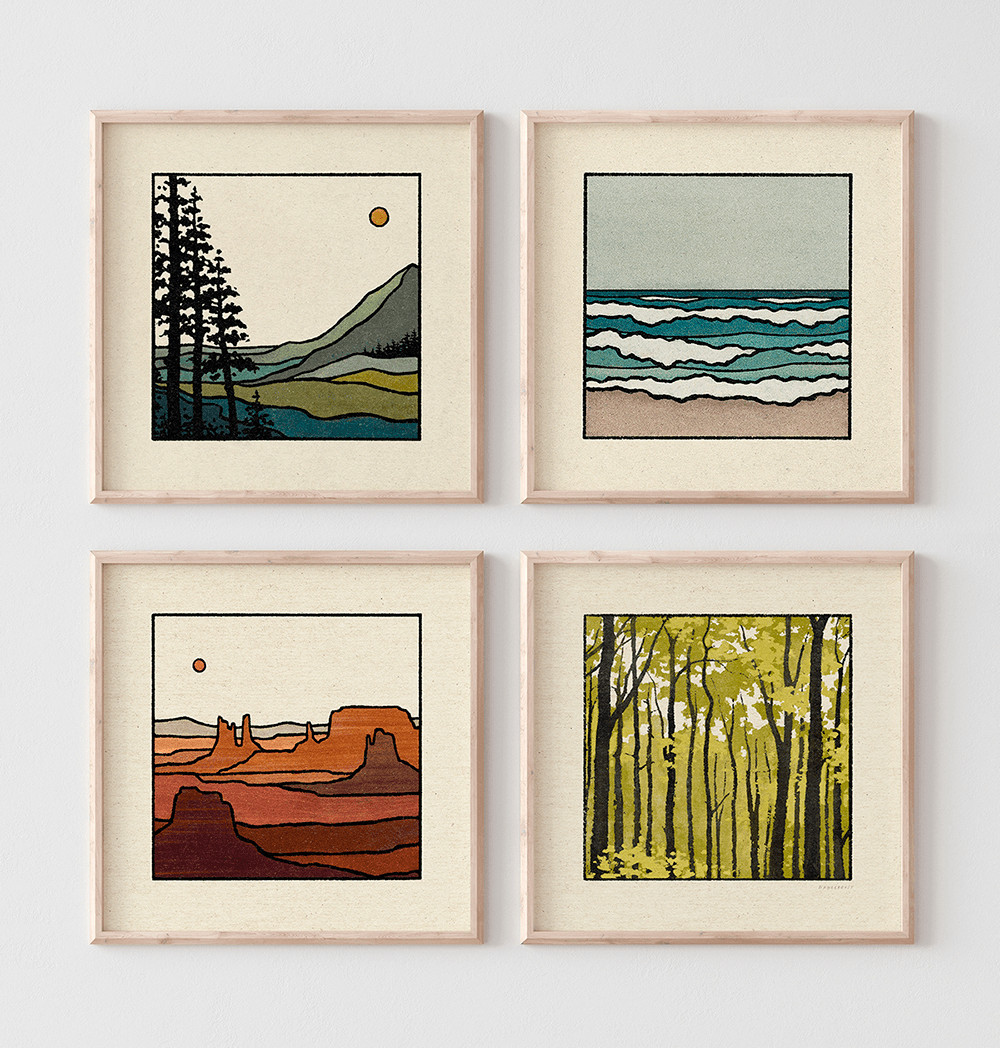 Four framed landscape illustrations: mountains and trees, ocean waves, desert formations, and a forest with green leaves.
