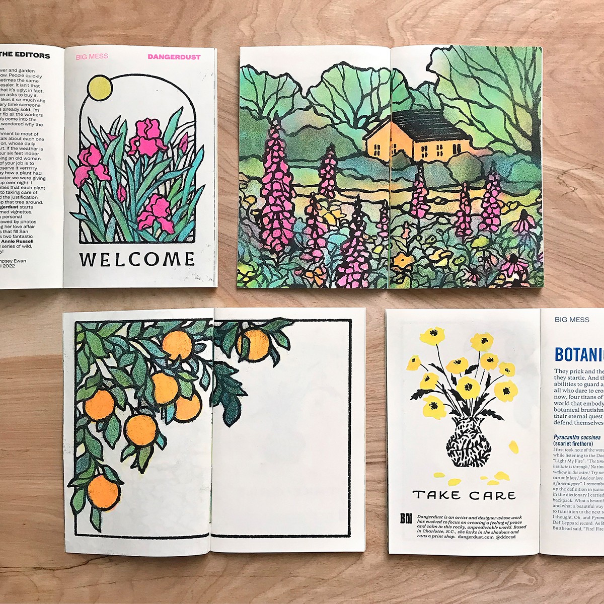 Open coloring book pages with flowers, a house, and fruit, along with a botanical illustration and a welcome sign.