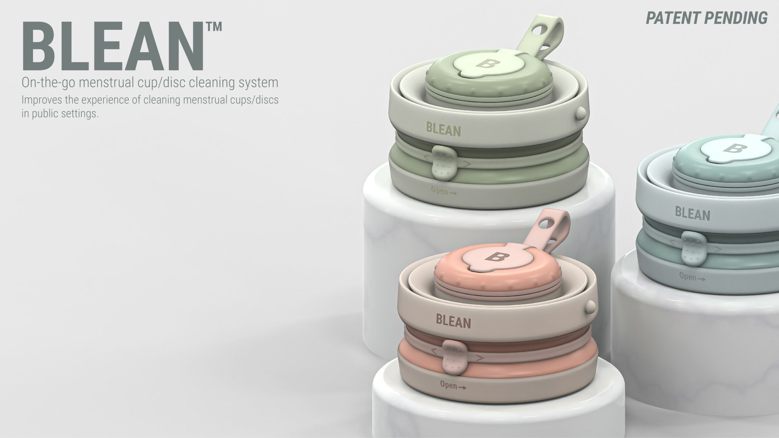 Three BLEAN menstrual cup/disc cleaning systems in pastel colors on white platforms, with a light background.