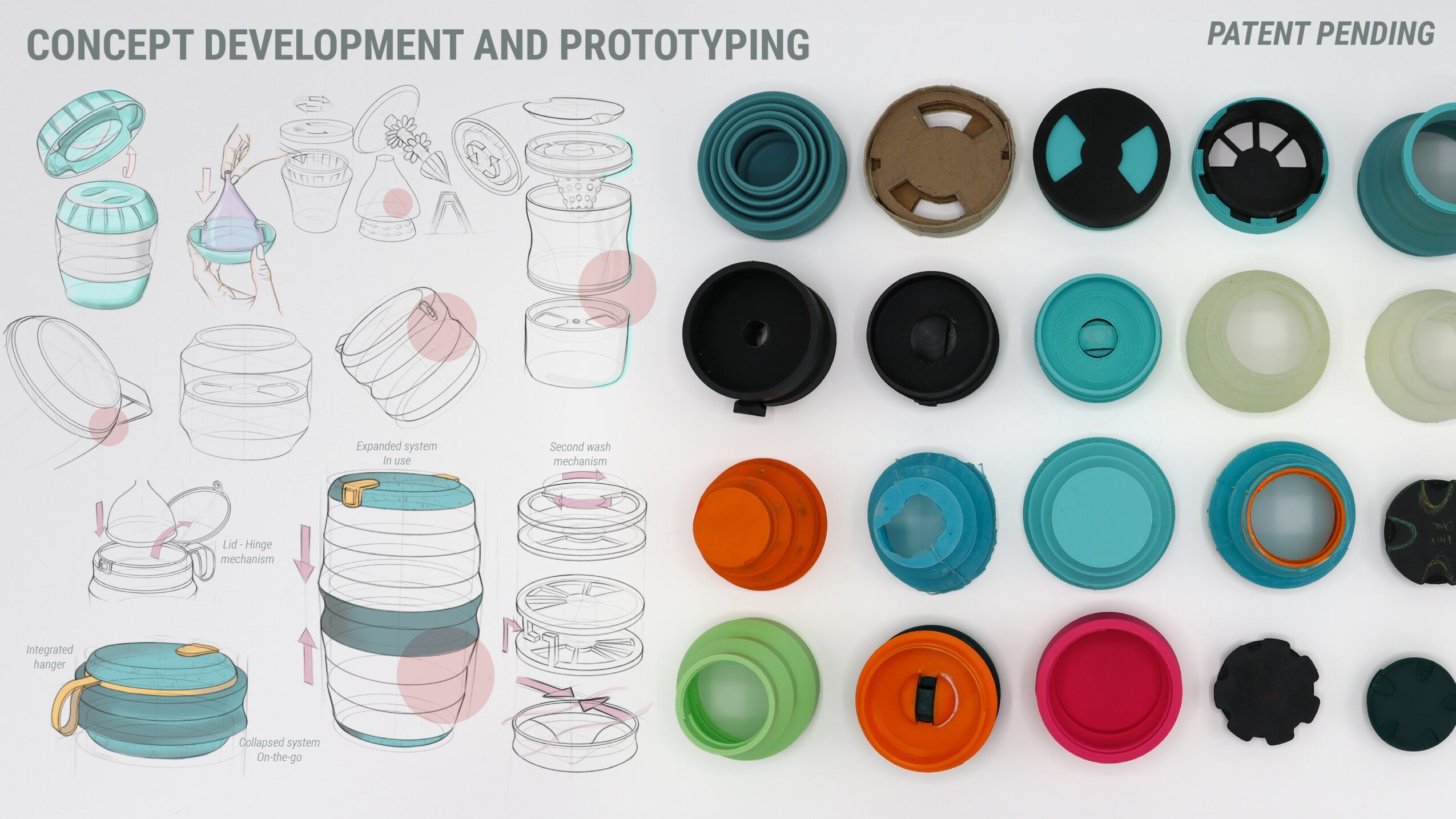 Concept sketches and prototypes of various circular objects, including lids and containers, with color and design variations.