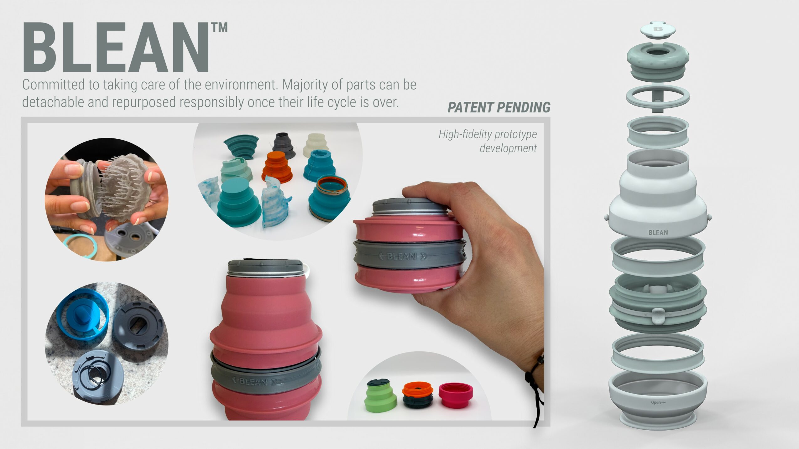Packaging box showing BLEAN stackable containers, with a hand holding one container, and close-up images of containers and accessories.