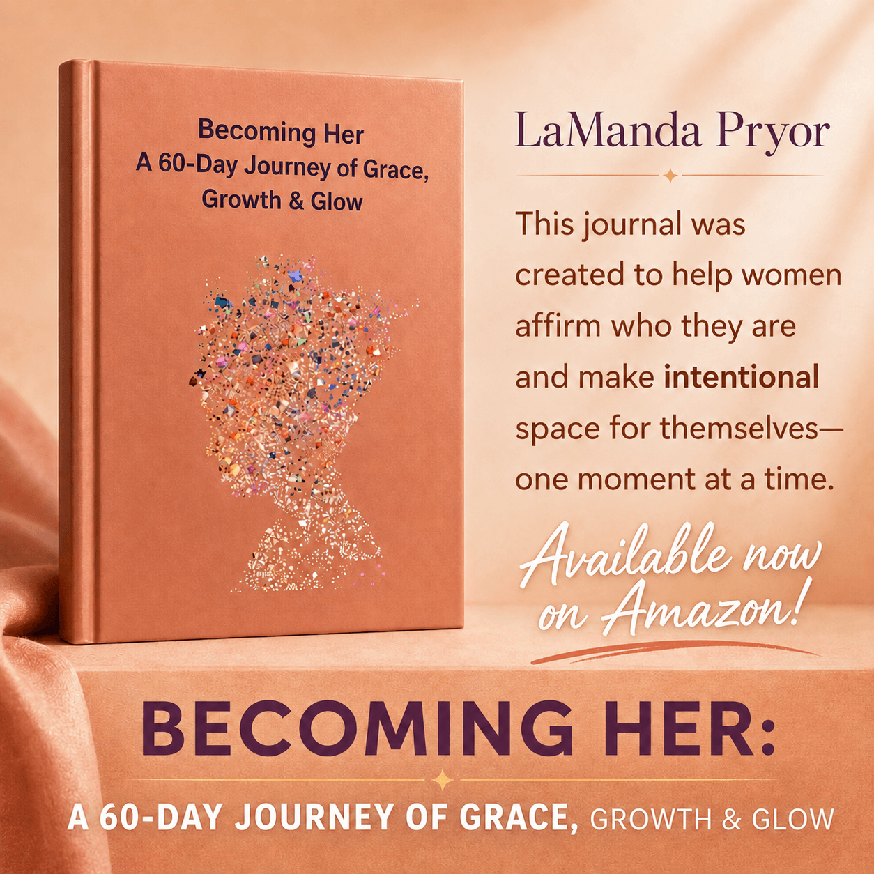Book titled 'Becoming Her' with a silhouette of a woman made of colorful dots, pink background, and text about the journal's purpose.