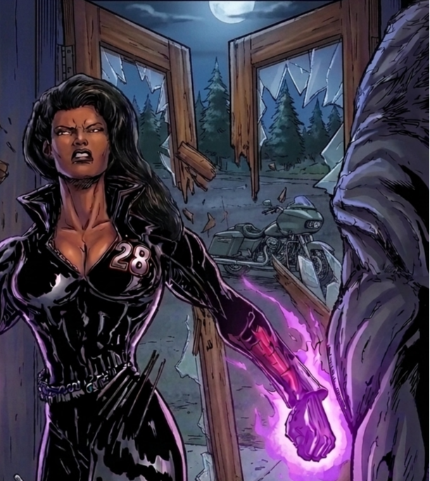 Woman with long black hair and a black outfit with a number 28, glowing purple arm, standing inside a broken house at night.