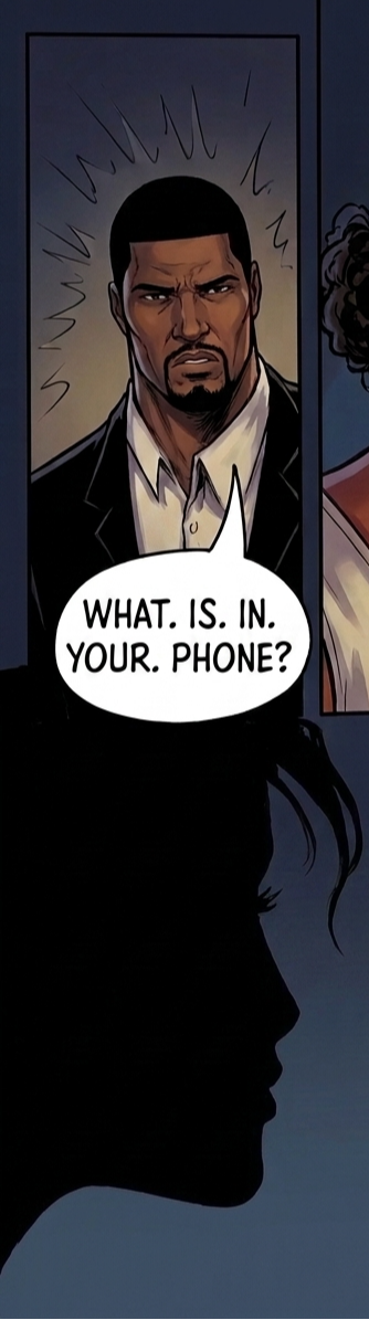 Silhouette of a person with long hair facing a man in a suit, who asks,