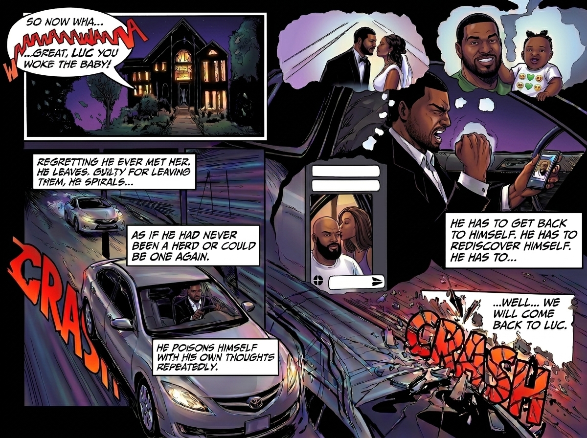 Night scene with a house, a man driving a car, and a comic panel showing a man thinking about a baby and a house, with graffiti on the car.