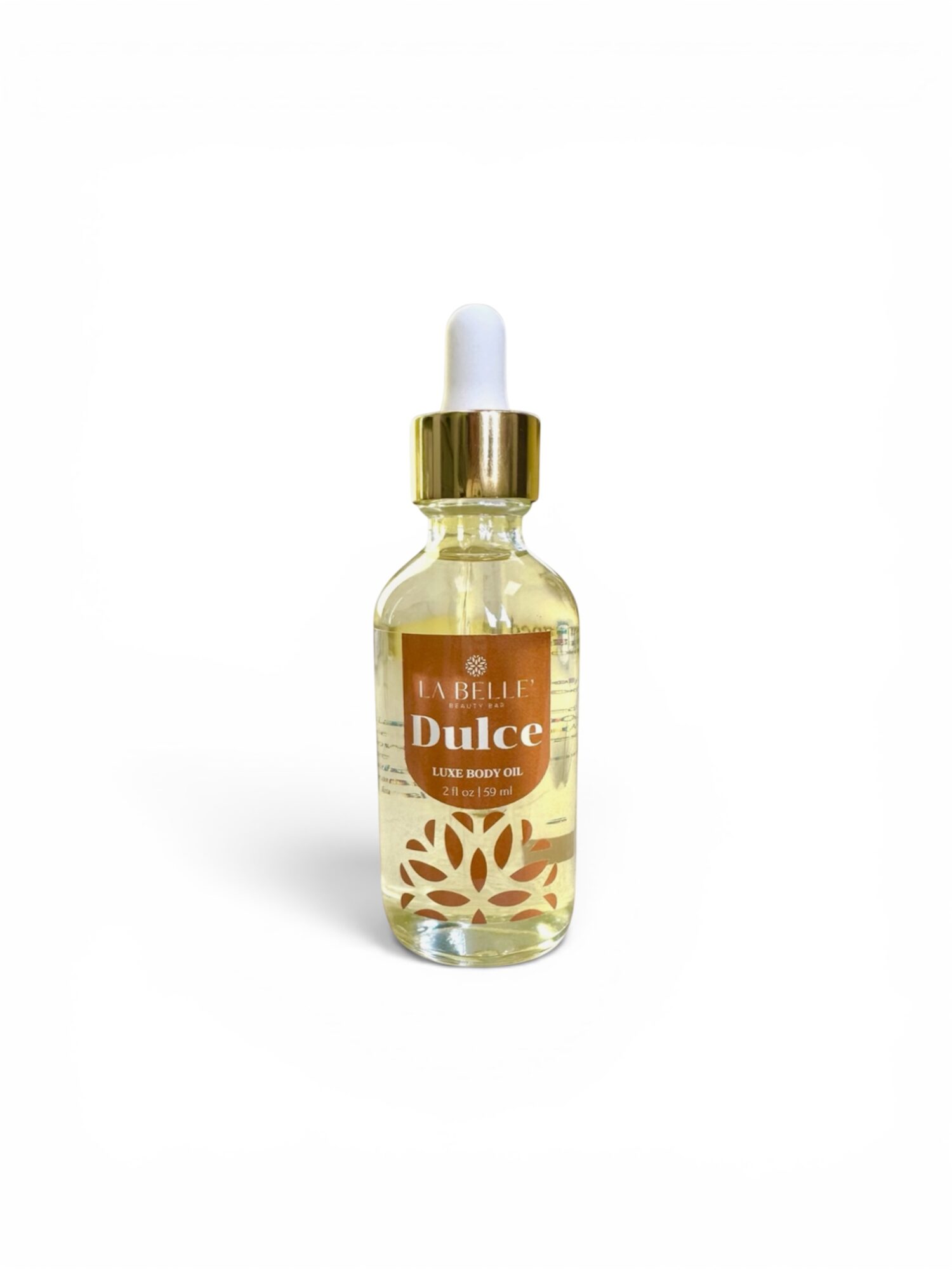 Small glass bottle with a dropper cap, label reads 'Dulce', gold and white design, transparent liquid inside.