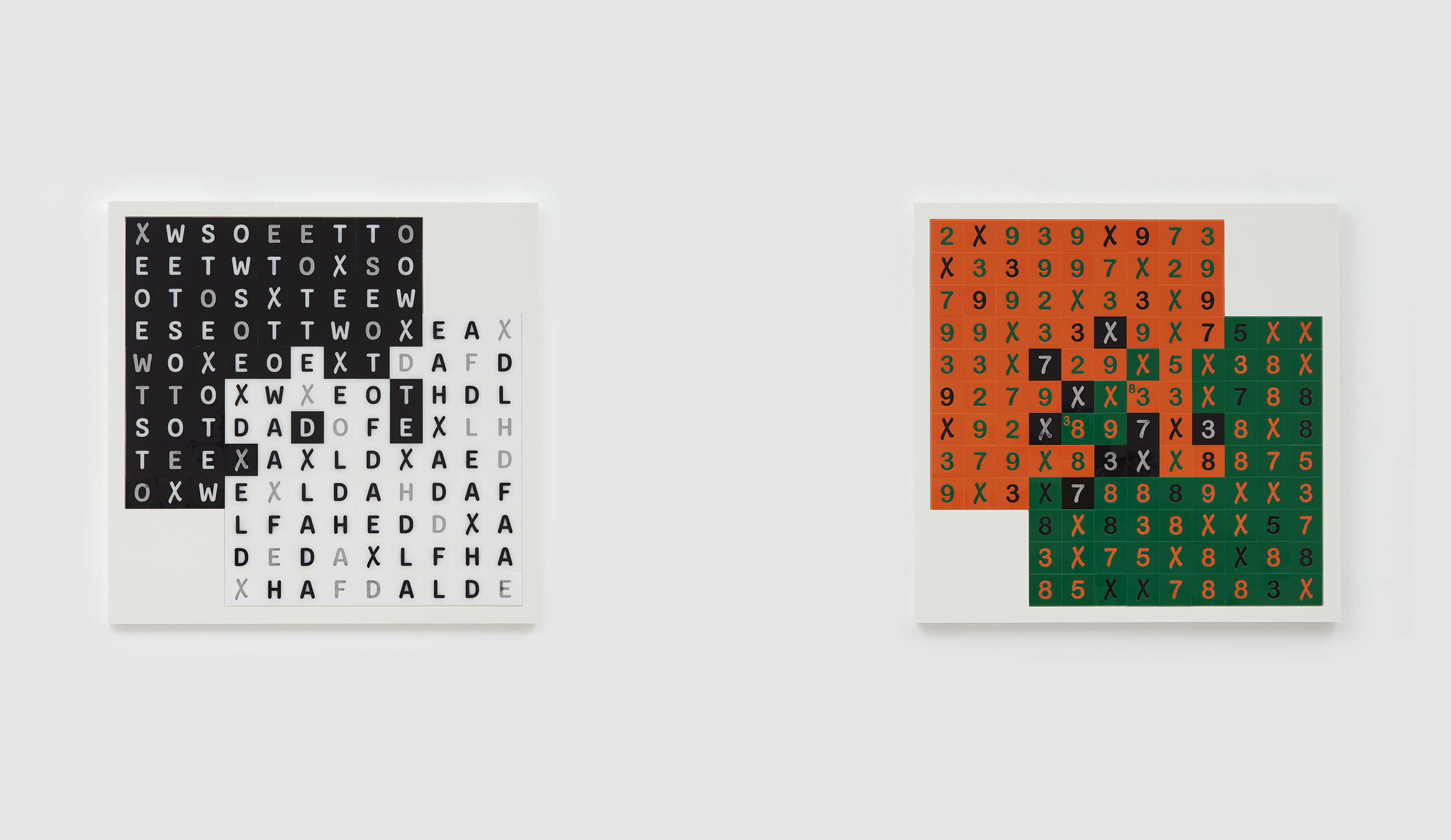 Two word search puzzles with black and white and colored backgrounds, filled with letters, and some highlighted words.