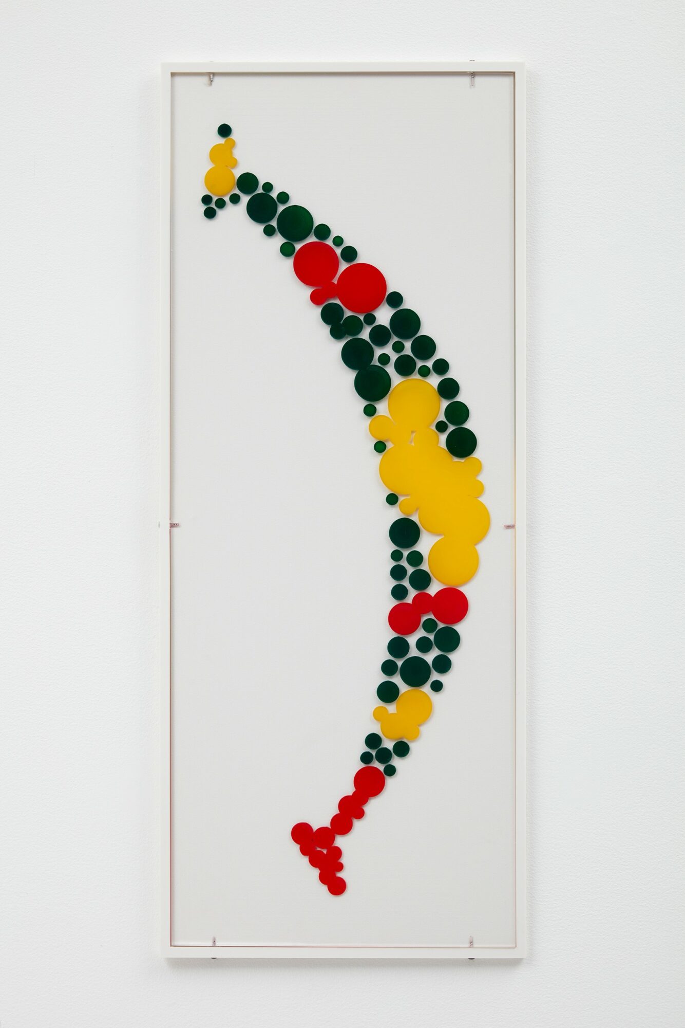 Vertical map of Vietnam made of colored circles on a white background, with a frame around it.