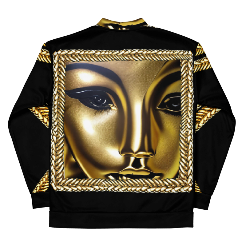 A jacket with a large gold face of a woman framed by a gold rope border, on a black background.