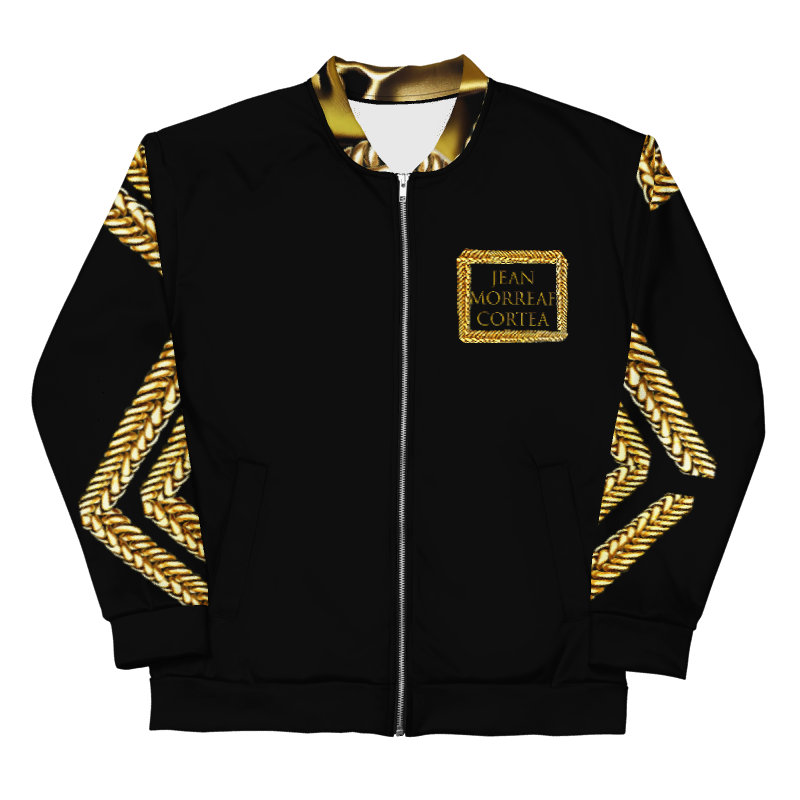 Black jacket with gold chain pattern on sleeves and collar, and a gold patch with text on the chest.