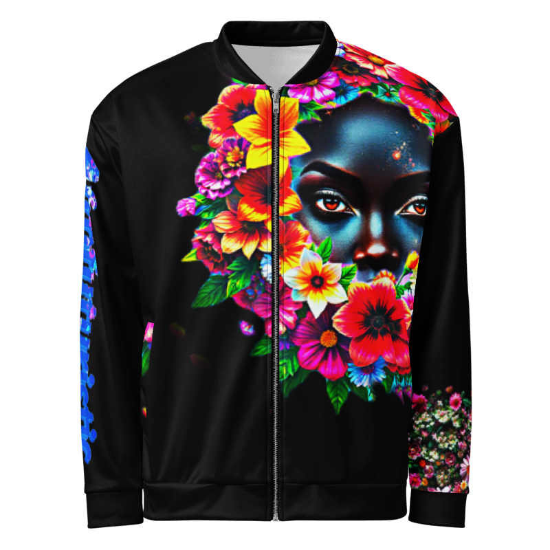 Black jacket with a colorful floral design and a woman's face, featuring vibrant flowers and a small floral pocket.