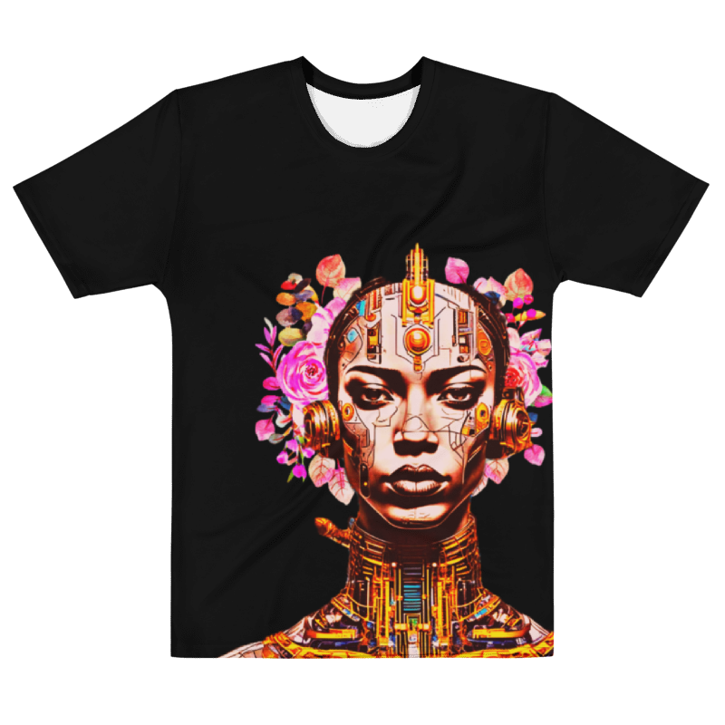 Black T-shirt with a digital portrait of a woman with flowers and futuristic elements, detailed face, and vibrant colors.