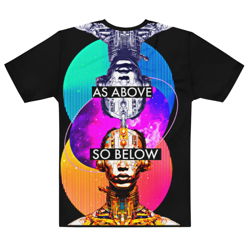 T-shirt with two stylized faces, colorful backgrounds, and text 'AS ABOVE' and 'SO BELOW'.