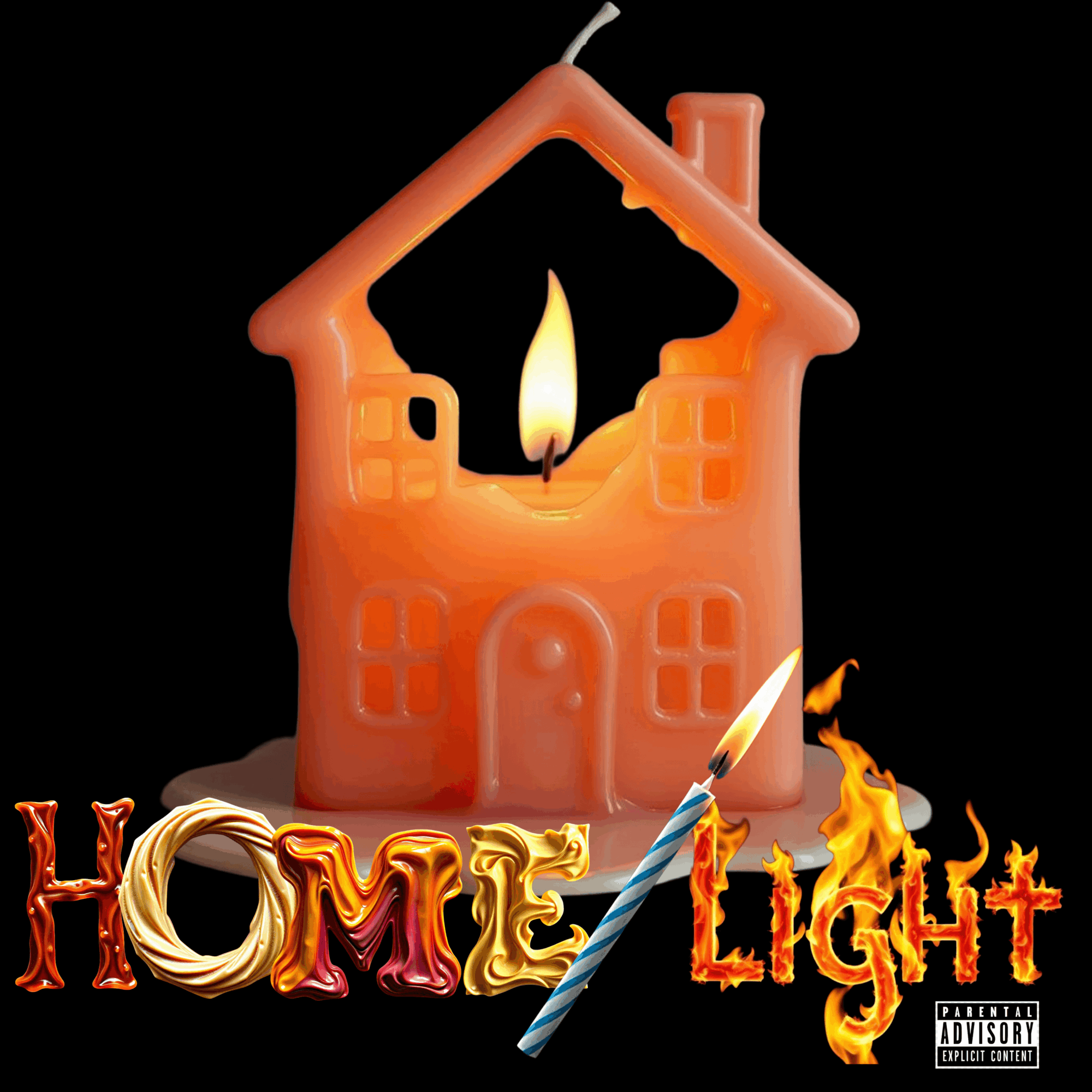 House-shaped candle with a flame inside, surrounded by the words 'HOME' and 'LIGHT' in fiery letters, black background.