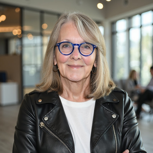 A middle-aged woman with shoulder-length blonde hair and glasses, smiling, wearing a black leather jacket and white shirt, indoors.