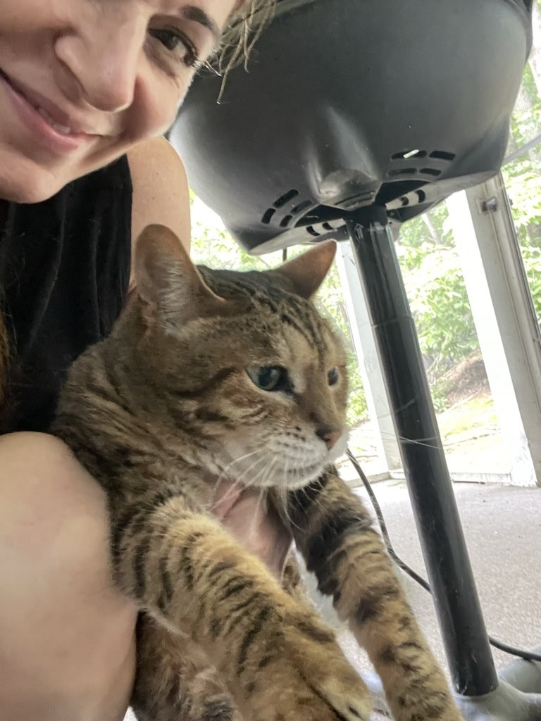 Person smiling holding a tabby cat indoors near a window and a black object.
