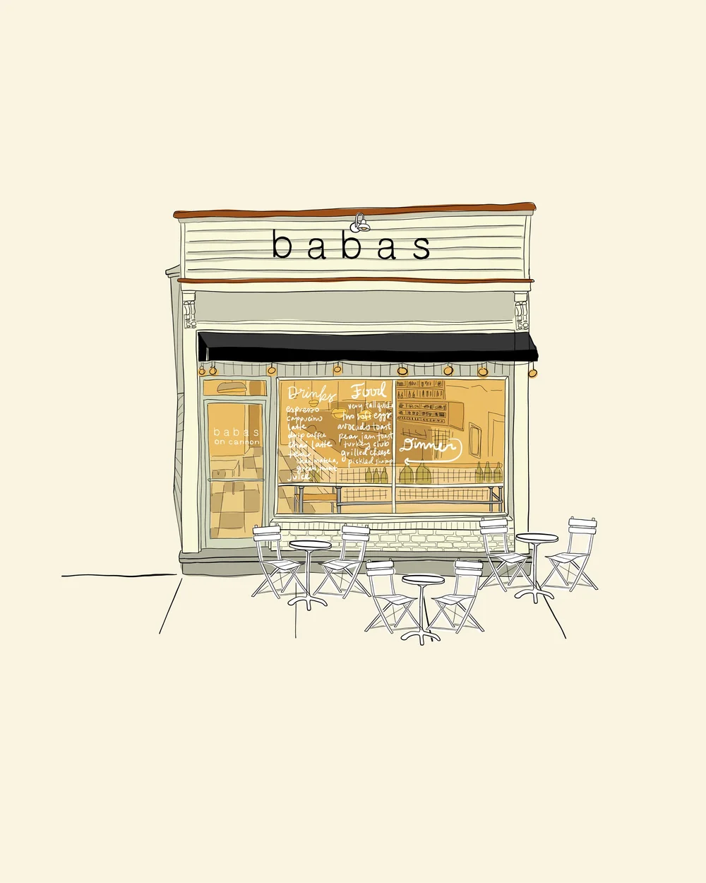 Cafe storefront with outdoor seating, large window, and sign reading 'babas' on top, against a plain background.