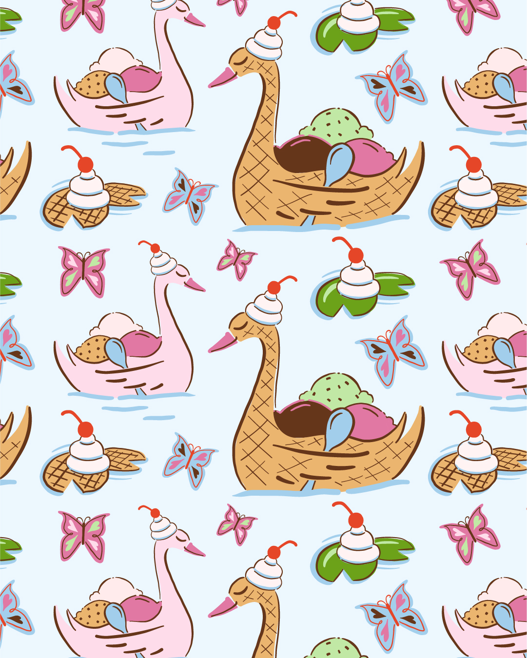 Pattern with swans, giraffes, cupcakes, and butterflies on a light background.