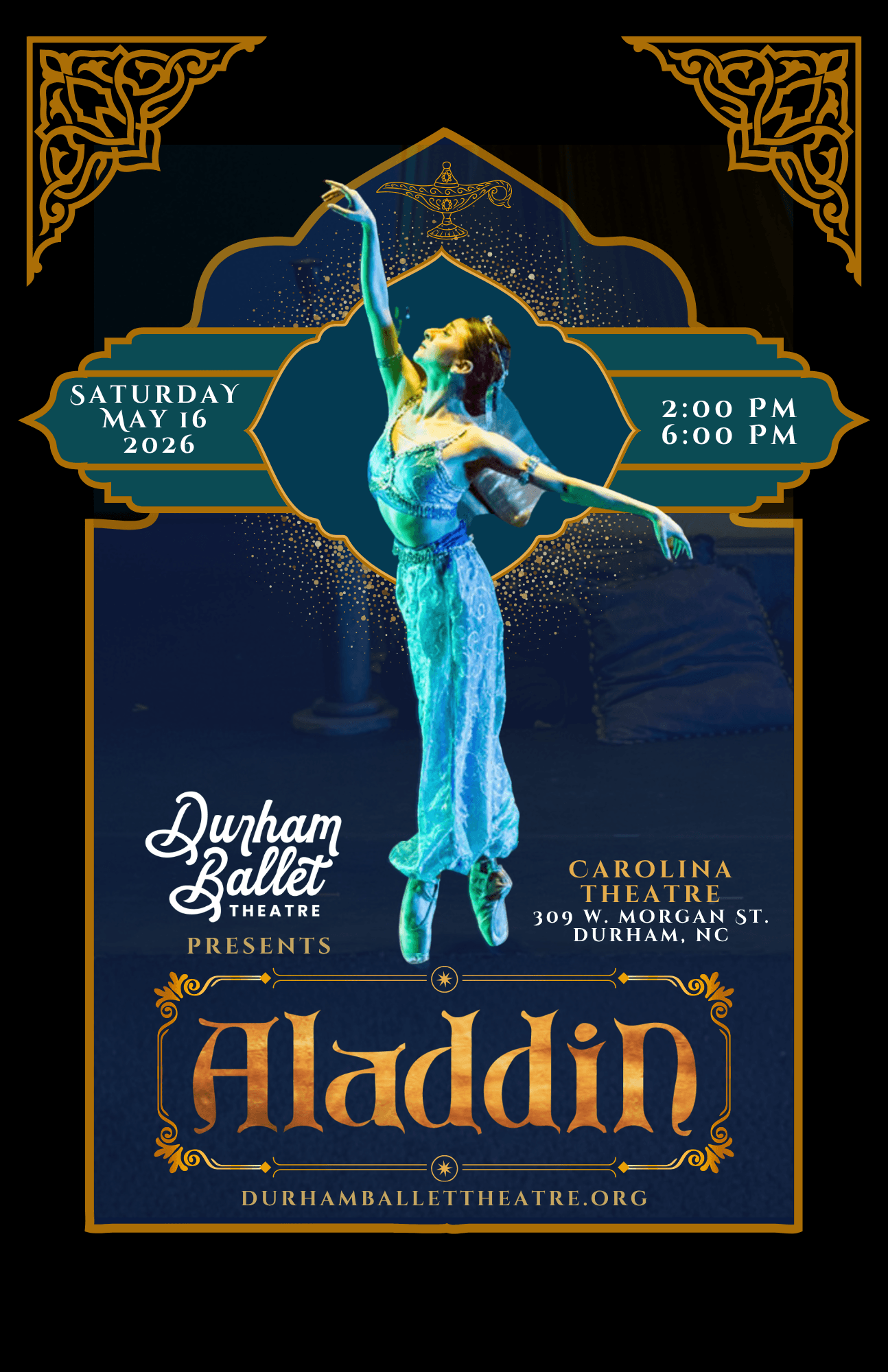 Poster for Aladdin ballet performance featuring a dancer in blue costume, with event details and theater information.