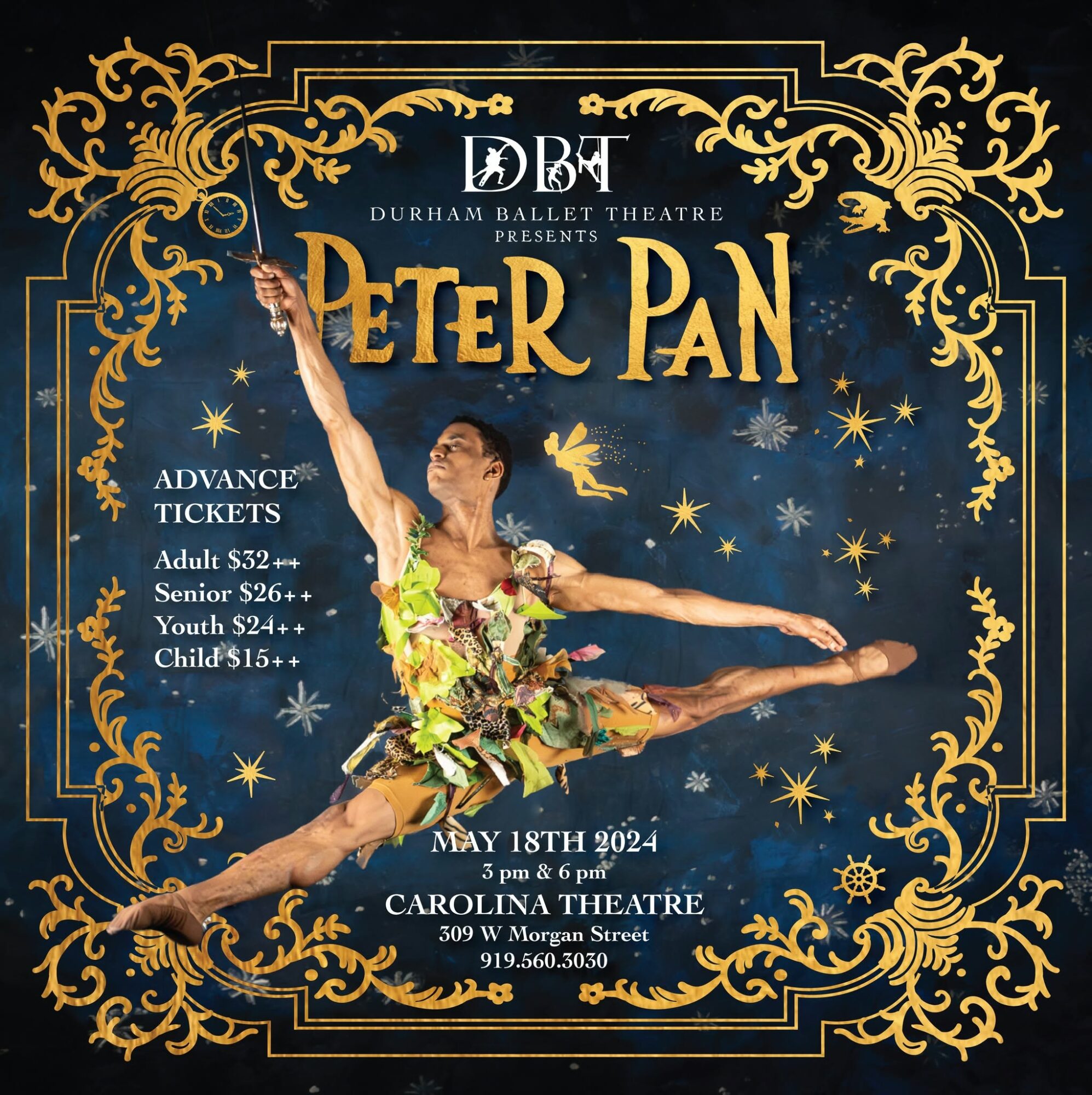 Poster for Peter Pan ballet with a dancer in a colorful costume performing a leap, surrounded by gold decorative borders and stars.