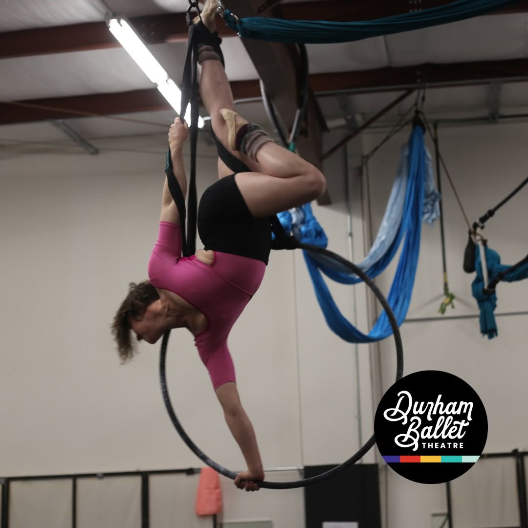 A person performs aerial acrobatics on a hoop in a dance studio, wearing a pink top and black shorts.