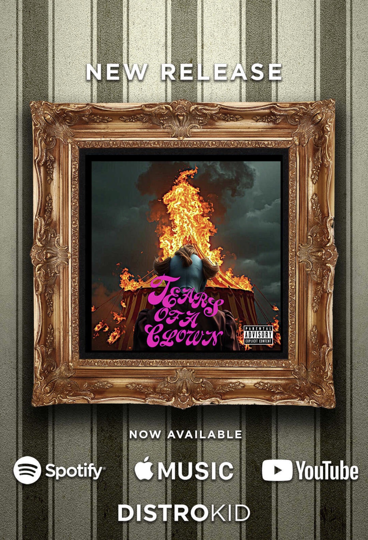 A framed artwork with a burning house and pink text, surrounded by a green striped background, with music platform logos below.