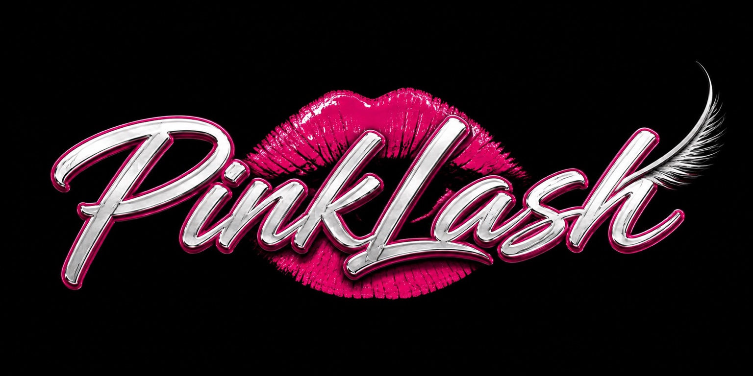 Pink lips with the word 'PinkLash' in stylized script, feather detail on the right, black background.